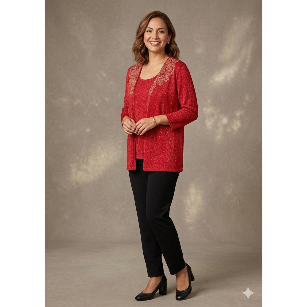 Ruby Rd. Red Sparkle Sweater. 2Fer. Beaded. Size‎  L